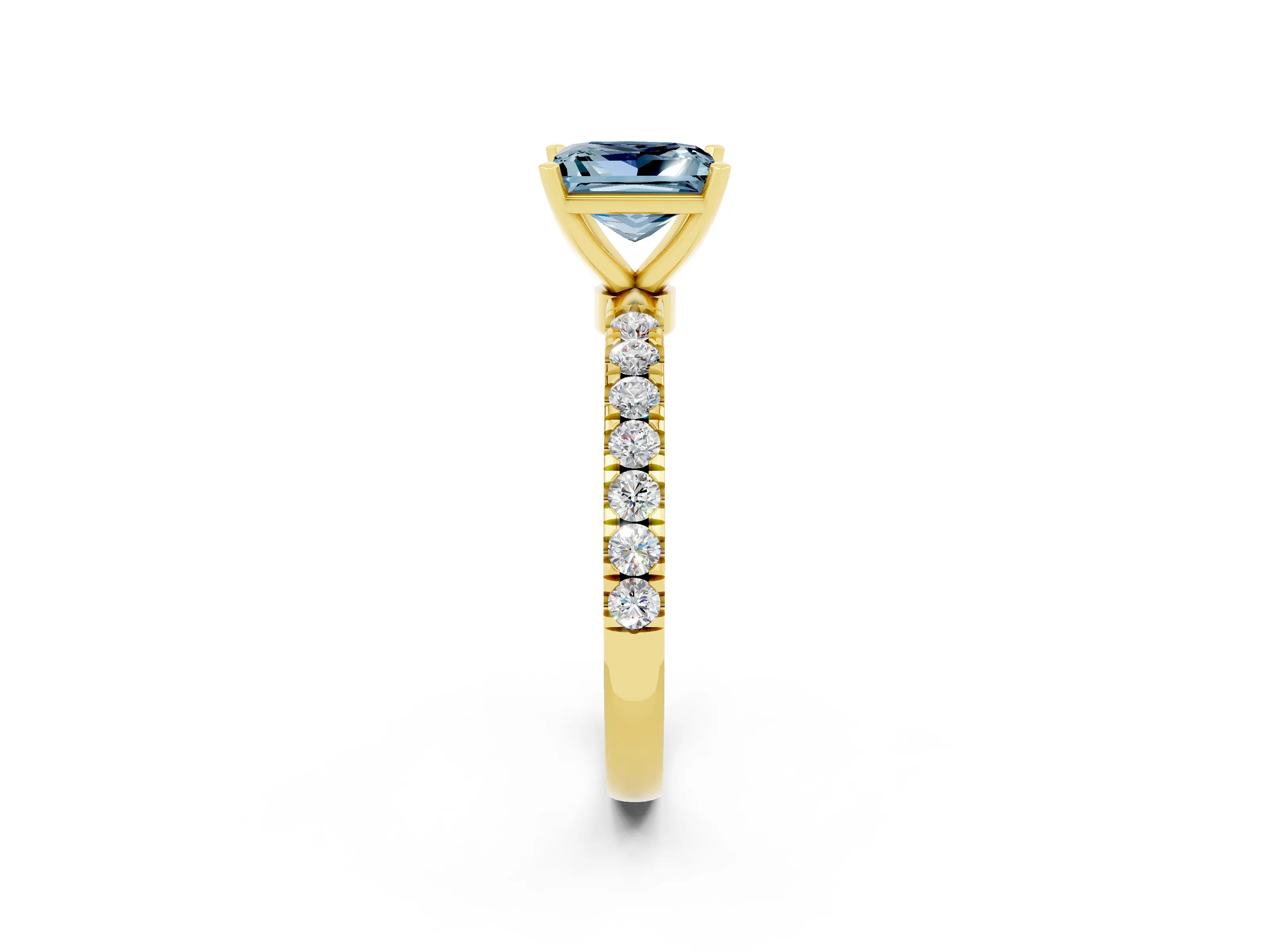 Yellow gold Princess Cut Aquamarine Solitaire Ring with Pavé Accents and Four-Prong Setting_2