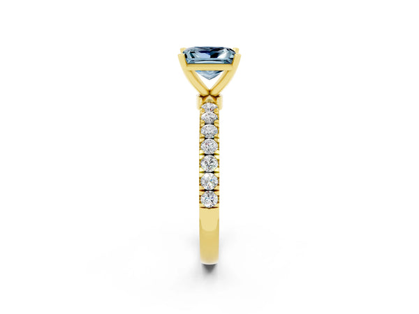 Yellow gold Princess Cut Aquamarine Solitaire Ring with Pavé Accents and Four-Prong Setting