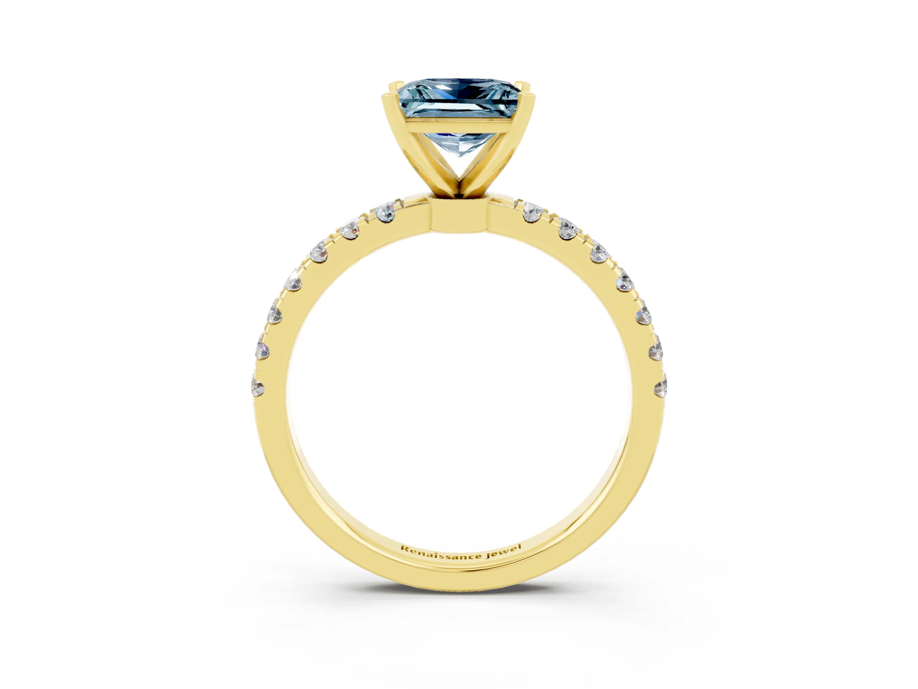 Yellow gold Princess Cut Aquamarine Solitaire Ring with Pavé Accents and Four-Prong Setting_3