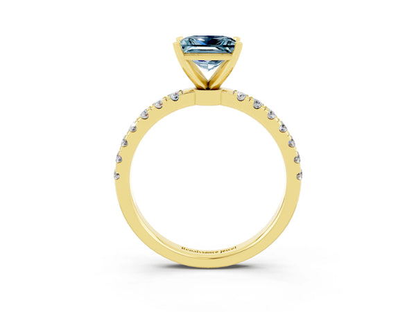 Yellow gold Princess Cut Aquamarine Solitaire Ring with Pavé Accents and Four-Prong Setting