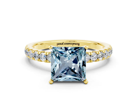 Yellow gold Princess Cut Aquamarine Solitaire Ring with Pavé Accents and Four-Prong Setting