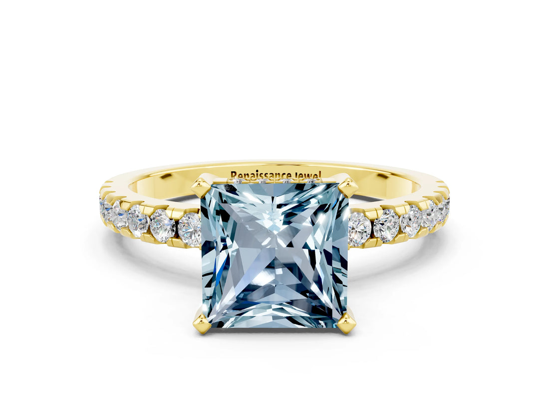 Yellow gold Princess Cut Aquamarine Solitaire Ring with Pavé Band and Four-Prong Setting_24