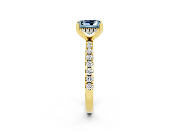 Yellow gold Princess Cut Aquamarine Solitaire Ring with Round  Pavé Band and Four-Prong Setting