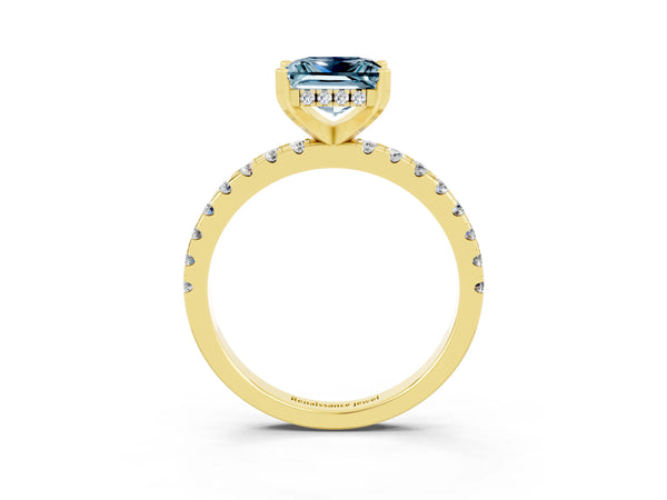 Yellow gold Princess Cut Aquamarine Solitaire Ring with Round  Pavé Band and Four-Prong Setting
