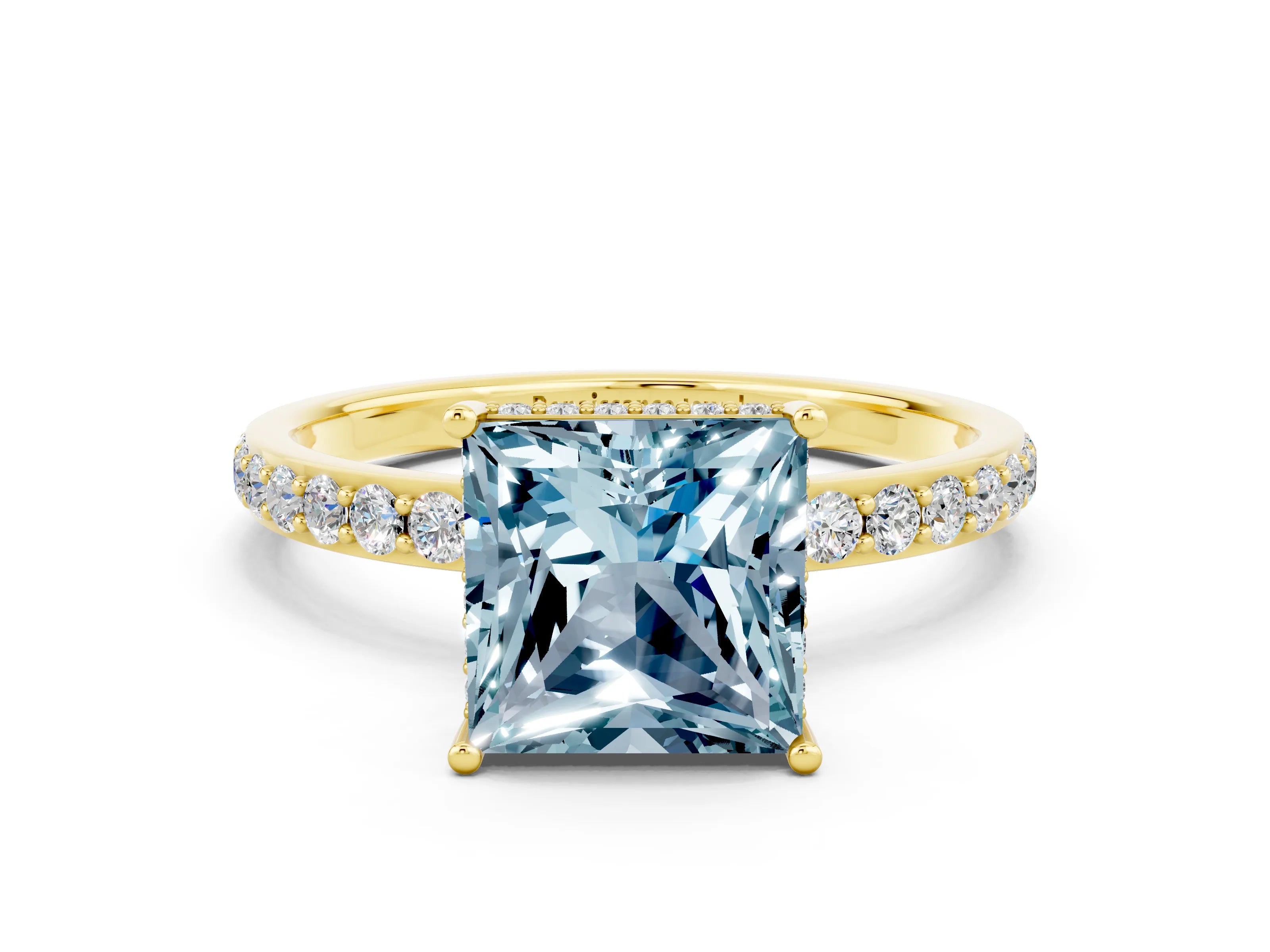Yellow gold Princess Cut Aquamarine Solitaire Ring with Pavé Band and Hidden Halo_12