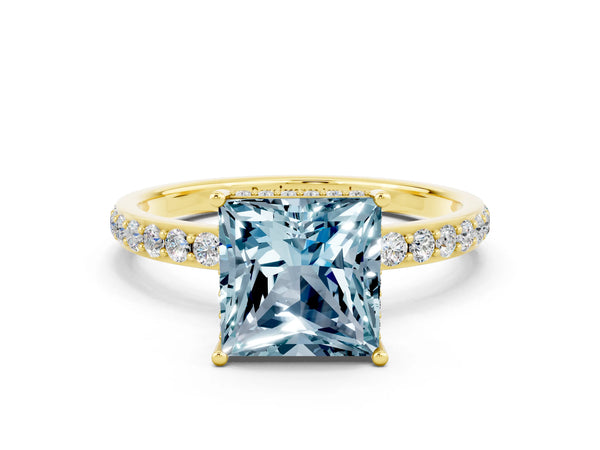 Yellow gold Princess Cut Aquamarine Solitaire Ring with Pavé Band and Hidden Halo