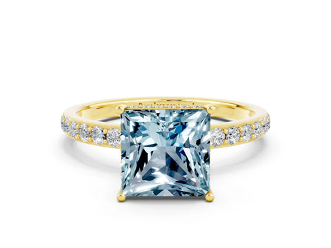 Yellow gold Princess Cut Aquamarine Solitaire Ring with Pavé Band and Hidden Halo_12