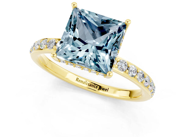 Yellow gold Princess Cut Aquamarine Solitaire Ring with Pavé Band and Hidden Halo