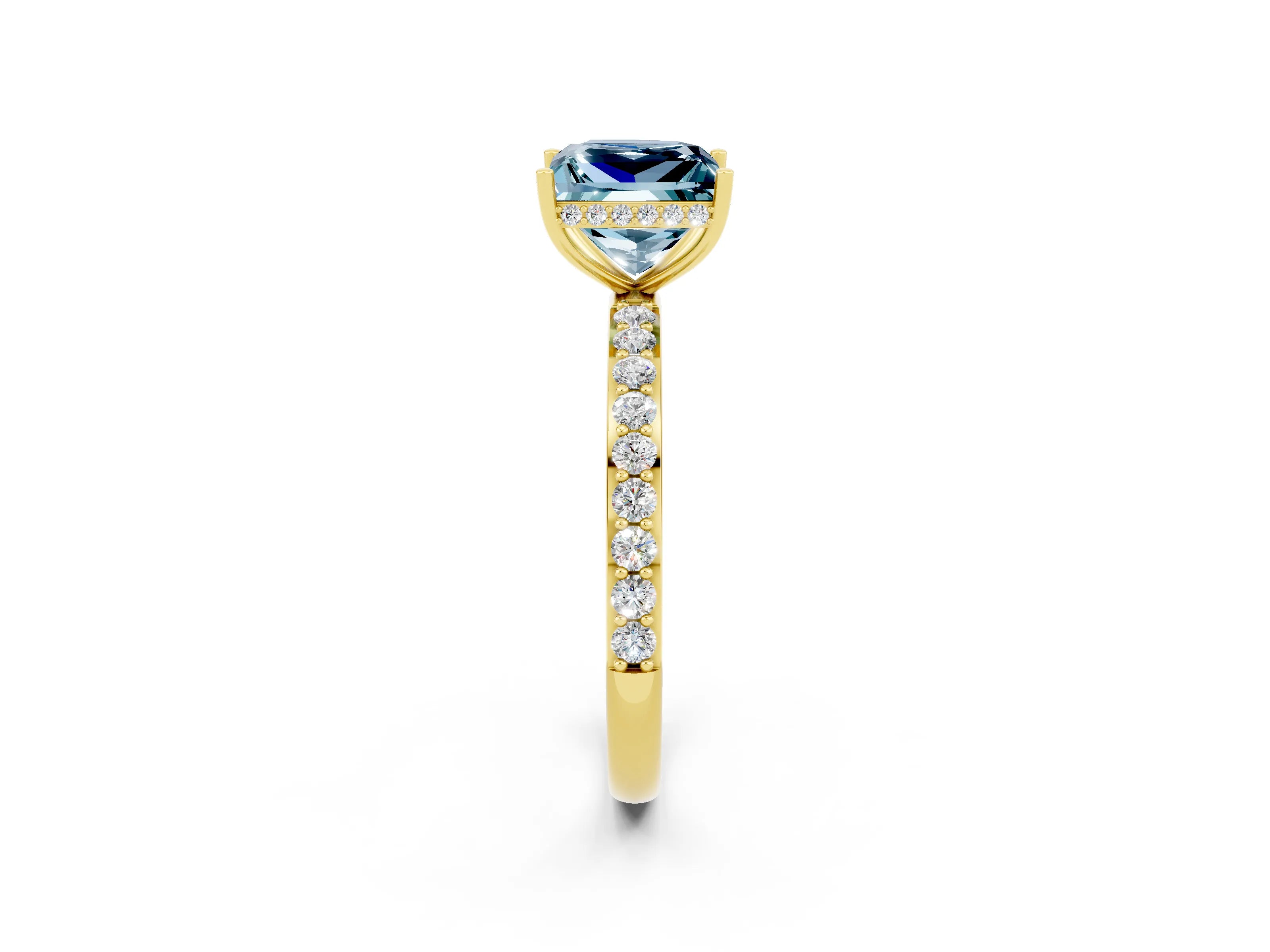 Yellow gold Princess Cut Aquamarine Solitaire Ring with Pavé Band and Hidden Halo_14