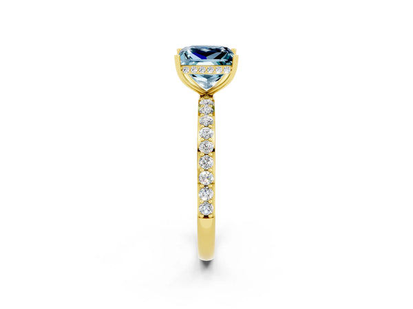 Yellow gold Princess Cut Aquamarine Solitaire Ring with Pavé Band and Hidden Halo