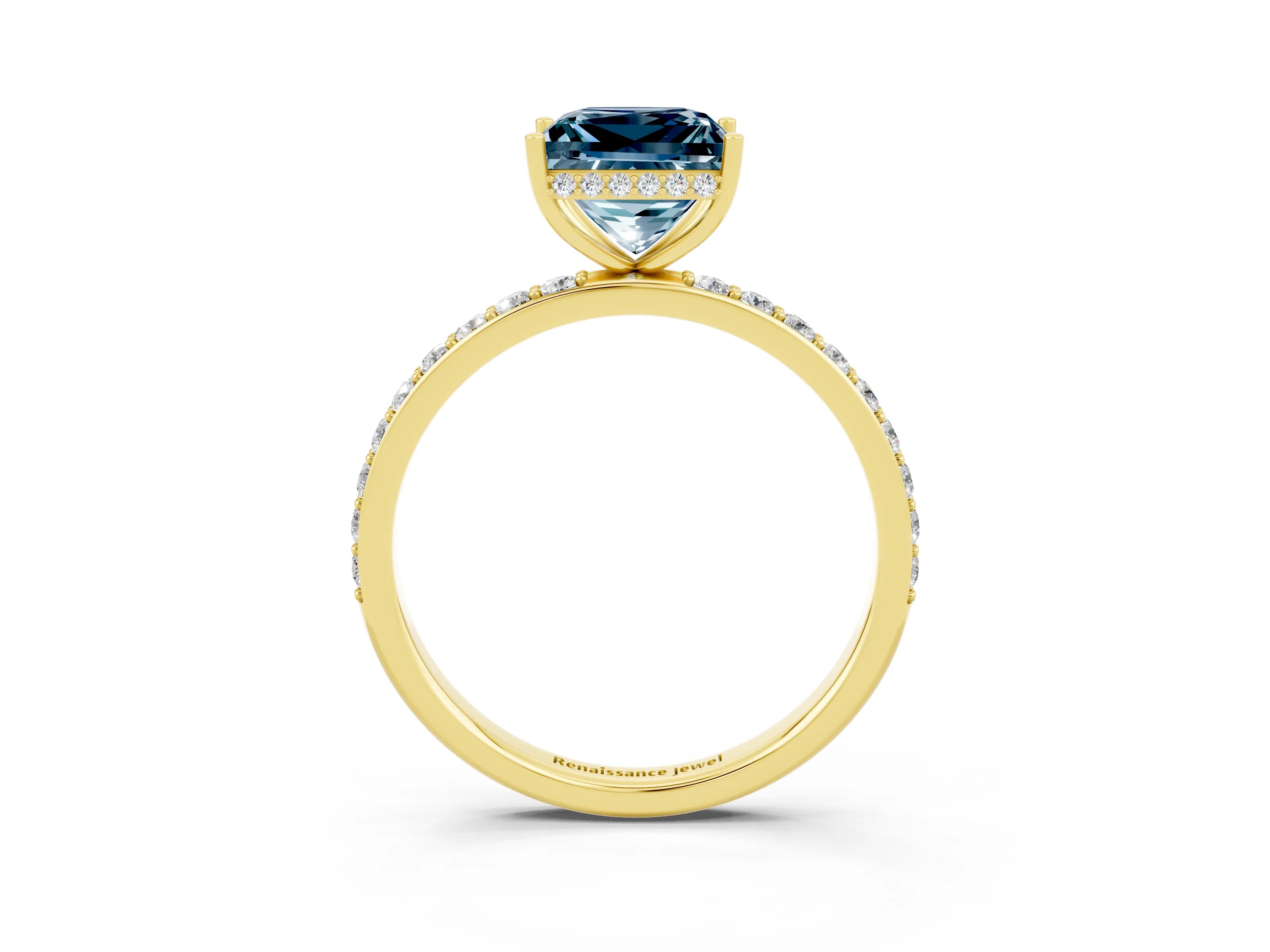 Yellow gold Princess Cut Aquamarine Solitaire Ring with Pavé Band and Hidden Halo_15