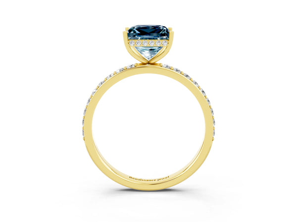 Yellow gold Princess Cut Aquamarine Solitaire Ring with Pavé Band and Hidden Halo