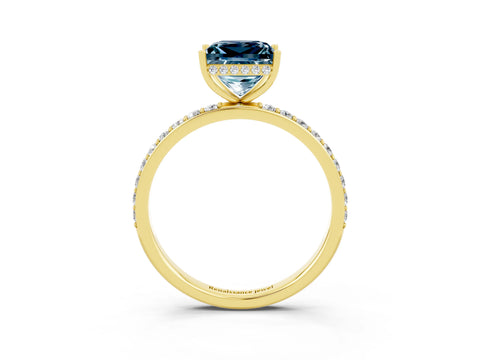 Yellow gold Princess Cut Aquamarine Solitaire Ring with Pavé Band and Hidden Halo_15