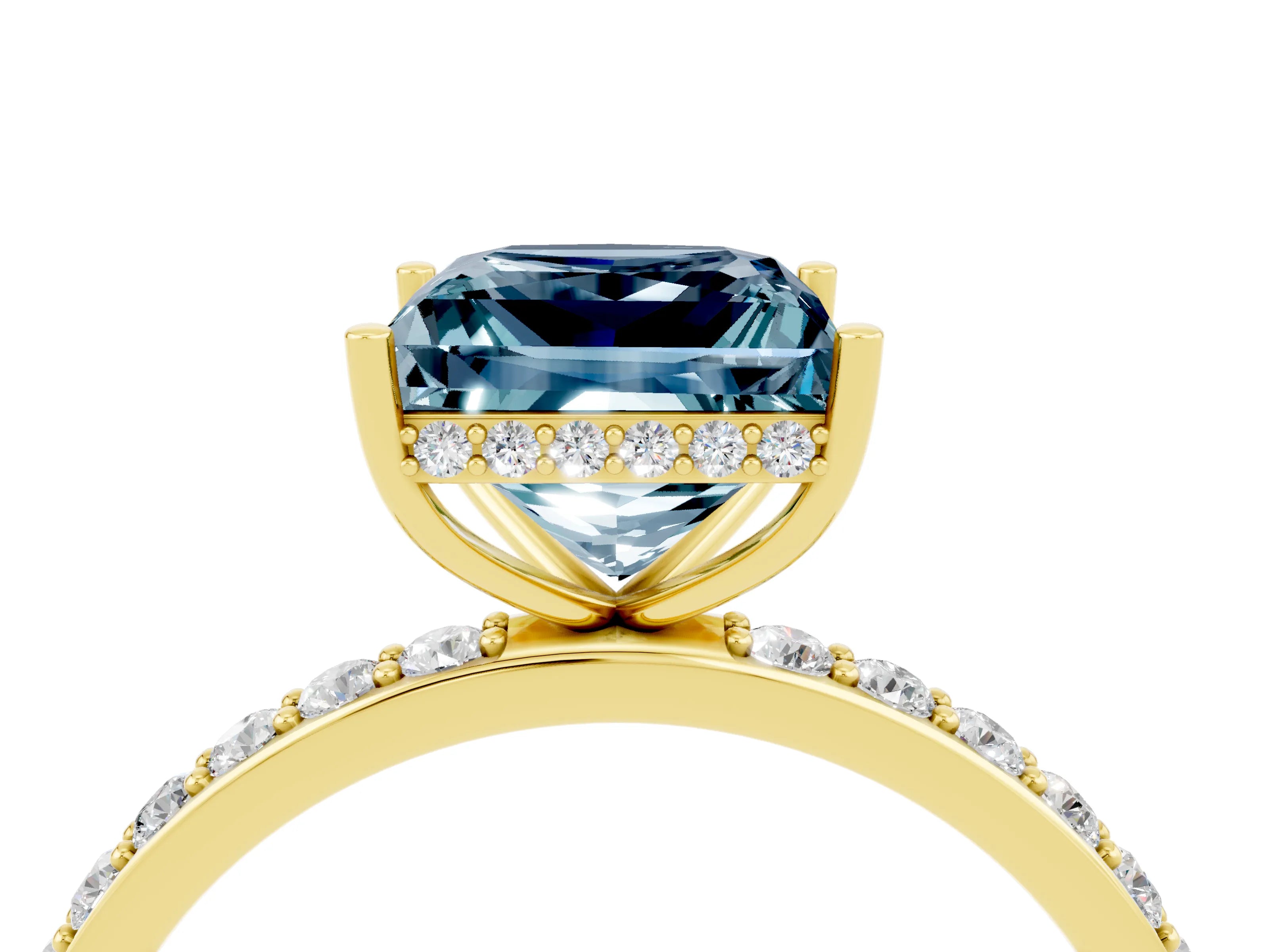 Yellow gold Princess Cut Aquamarine Solitaire Ring with Pavé Band and Hidden Halo_16