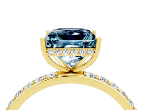 Yellow gold Princess Cut Aquamarine Solitaire Ring with Pavé Band and Hidden Halo_16