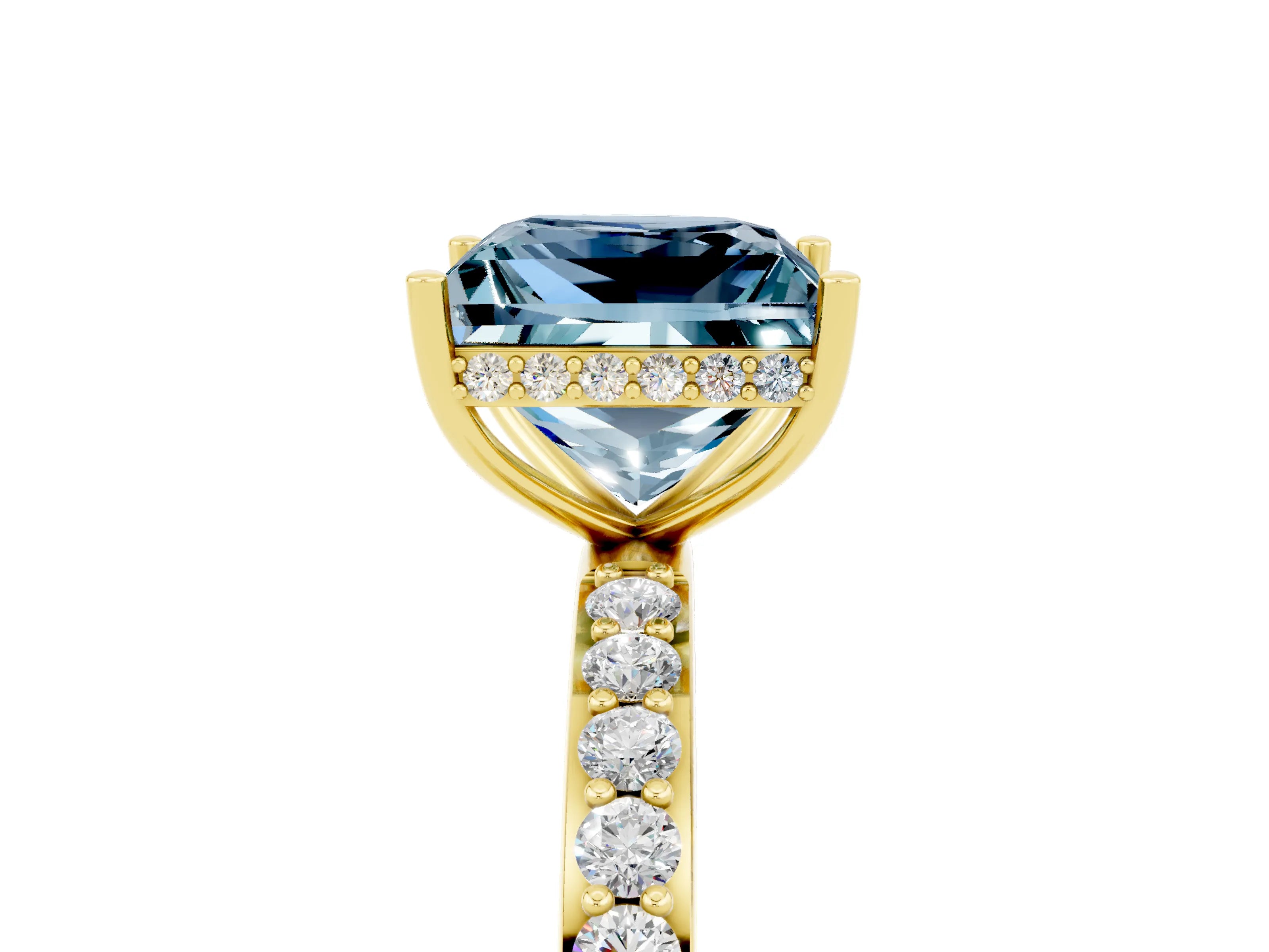 Yellow gold Princess Cut Aquamarine Solitaire Ring with Pavé Band and Hidden Halo_17