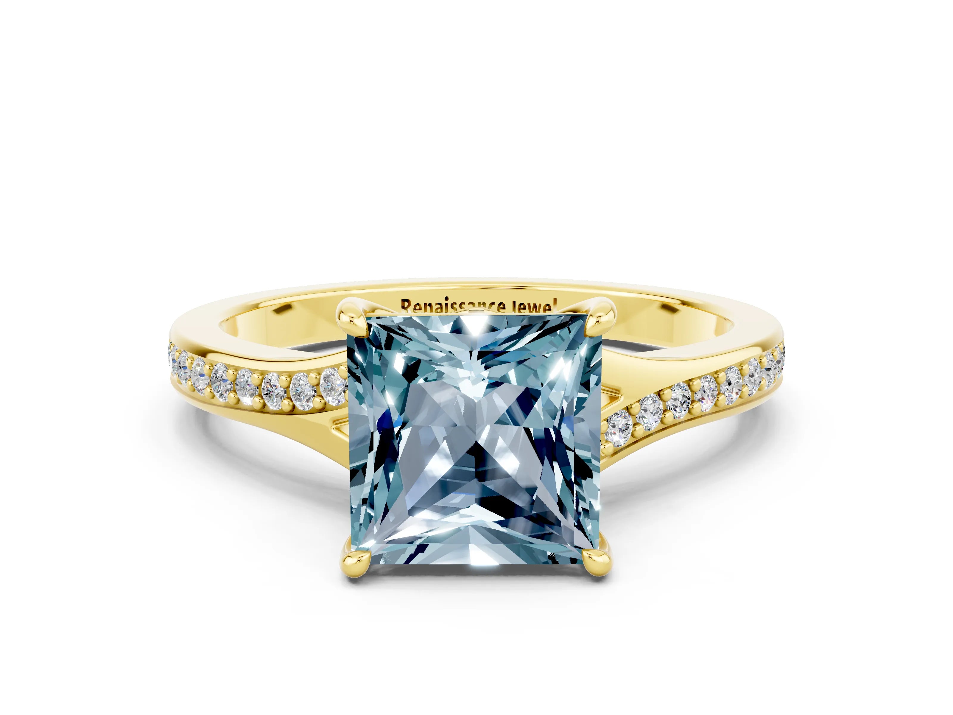 Yellow gold Princess Cut Aquamarine Solitaire Ring with Pavé Band and Prong Setting