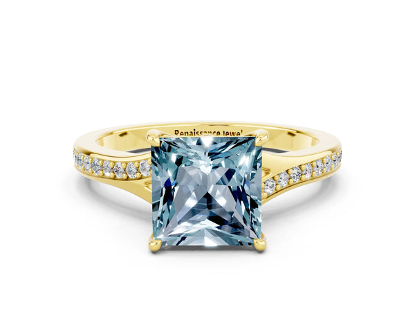 Yellow gold Princess Cut Aquamarine Solitaire Ring with Pavé Band and Prong Setting