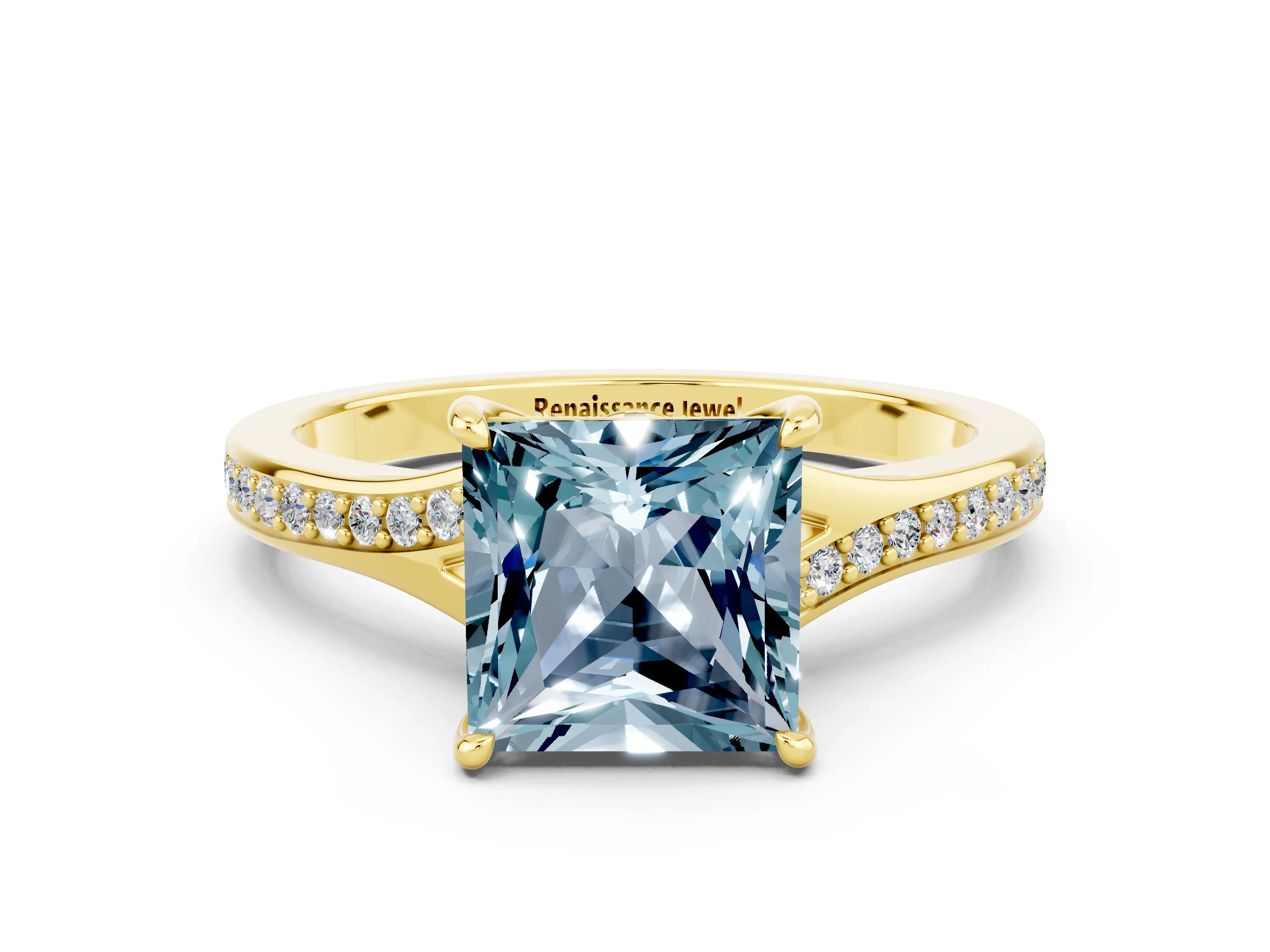 Yellow gold Princess Cut Aquamarine Solitaire Ring with Pavé Band and Prong Setting_12