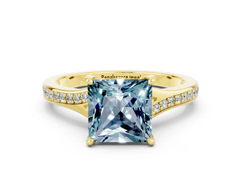 Yellow gold Princess Cut Aquamarine Solitaire Ring with Pavé Band and Prong Setting_12