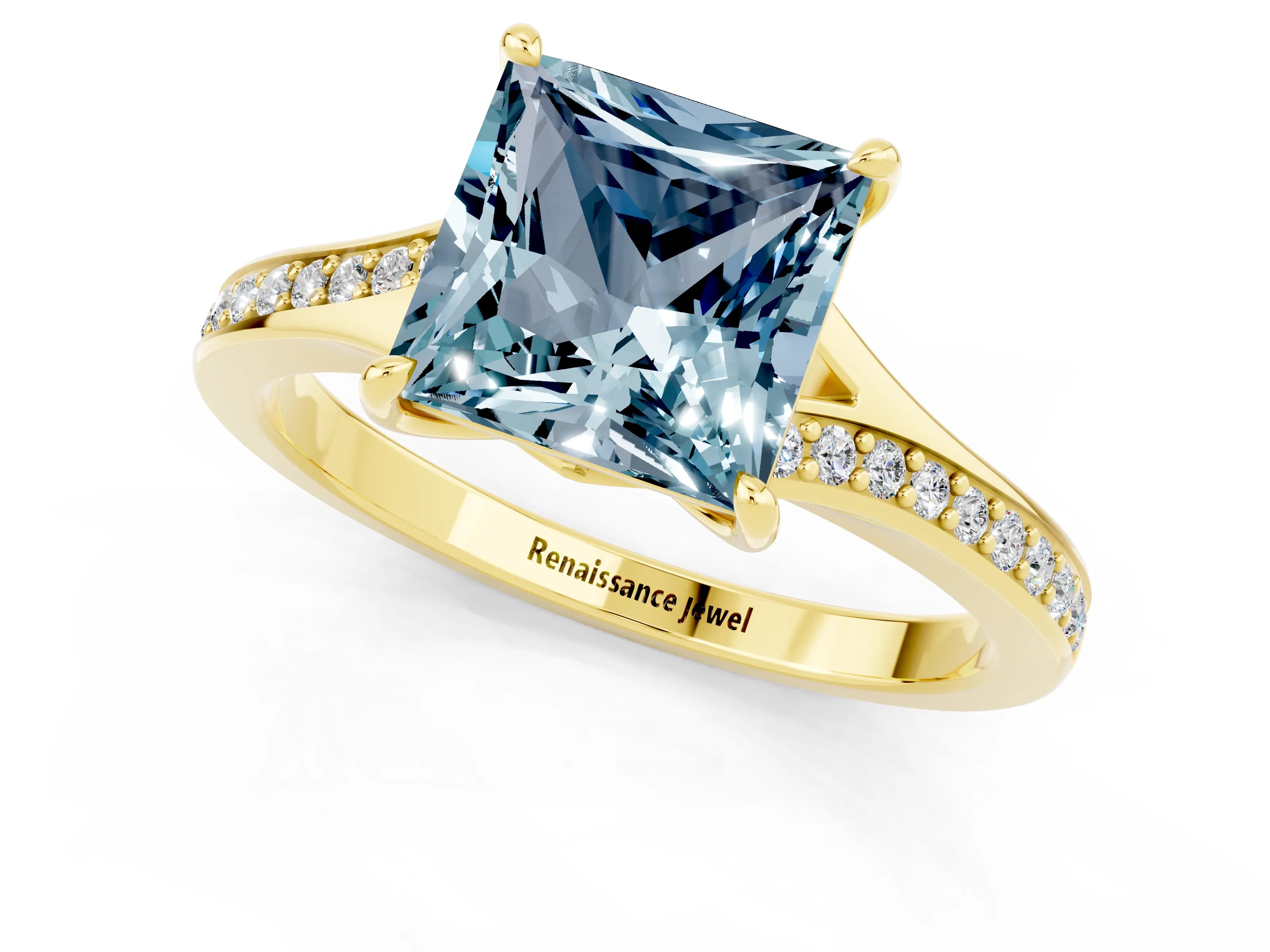 Yellow gold Princess Cut Aquamarine Solitaire Ring with Pavé Band and Prong Setting_13