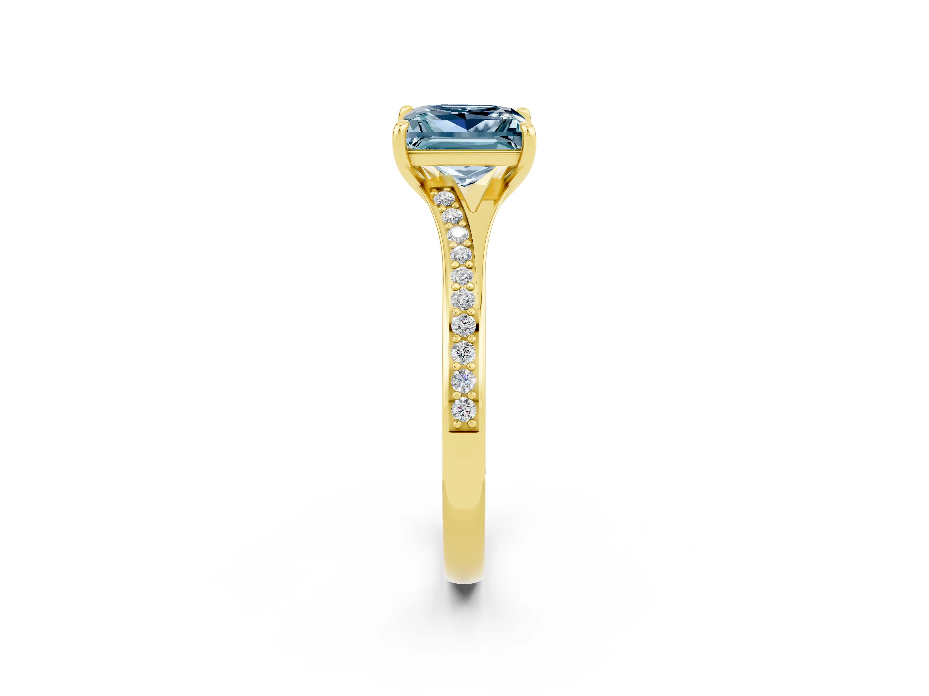 Yellow gold Princess Cut Aquamarine Solitaire Ring with Pavé Band and Prong Setting_14