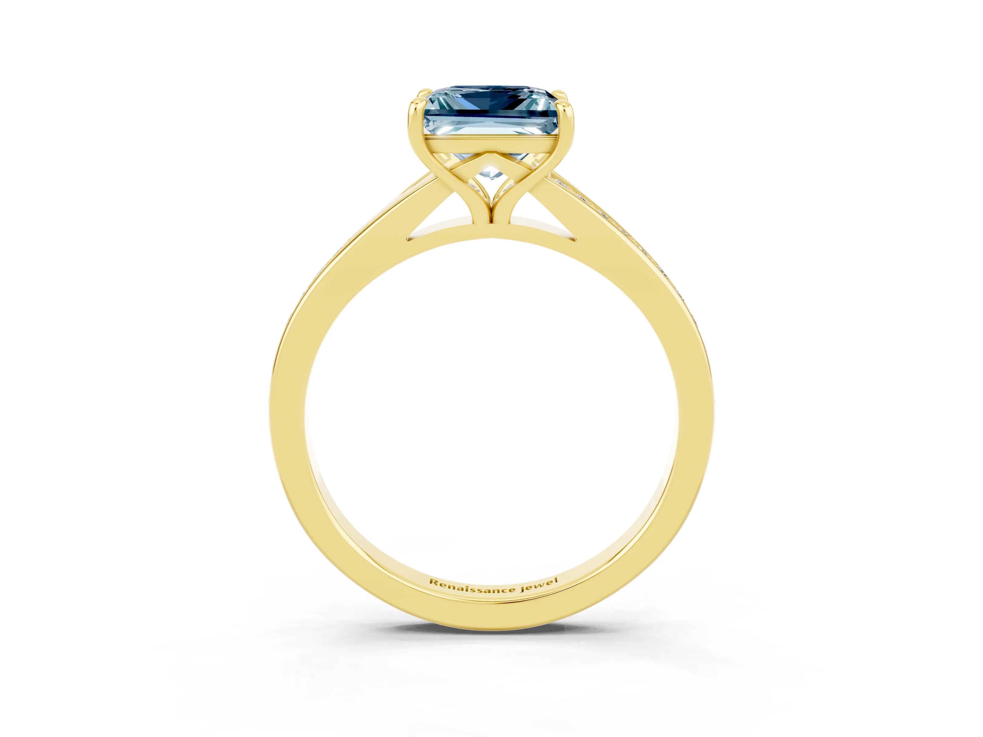 Yellow gold Princess Cut Aquamarine Solitaire Ring with Pavé Band and Prong Setting_15