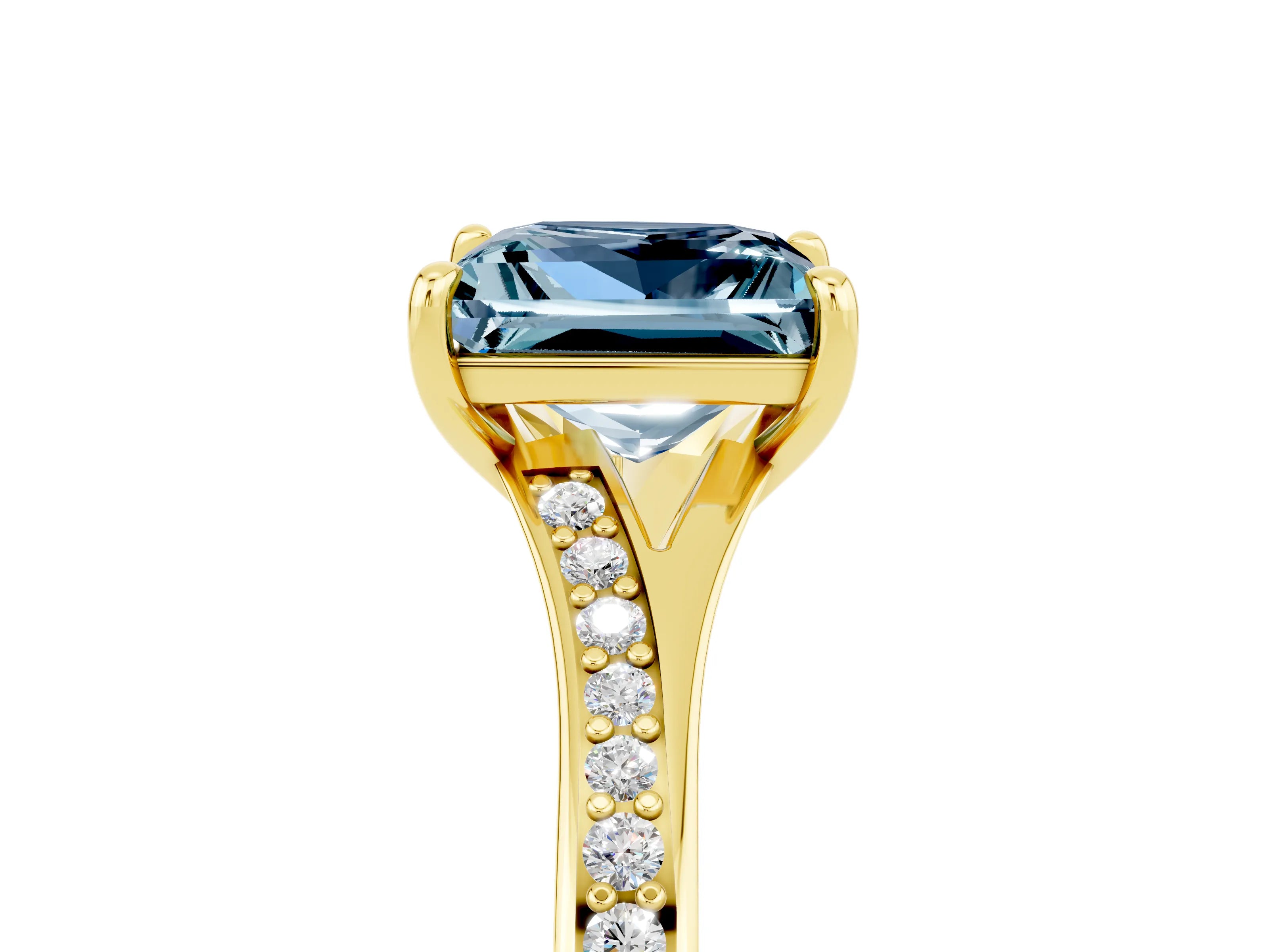 Yellow gold Princess Cut Aquamarine Solitaire Ring with Pavé Band and Prong Setting_17