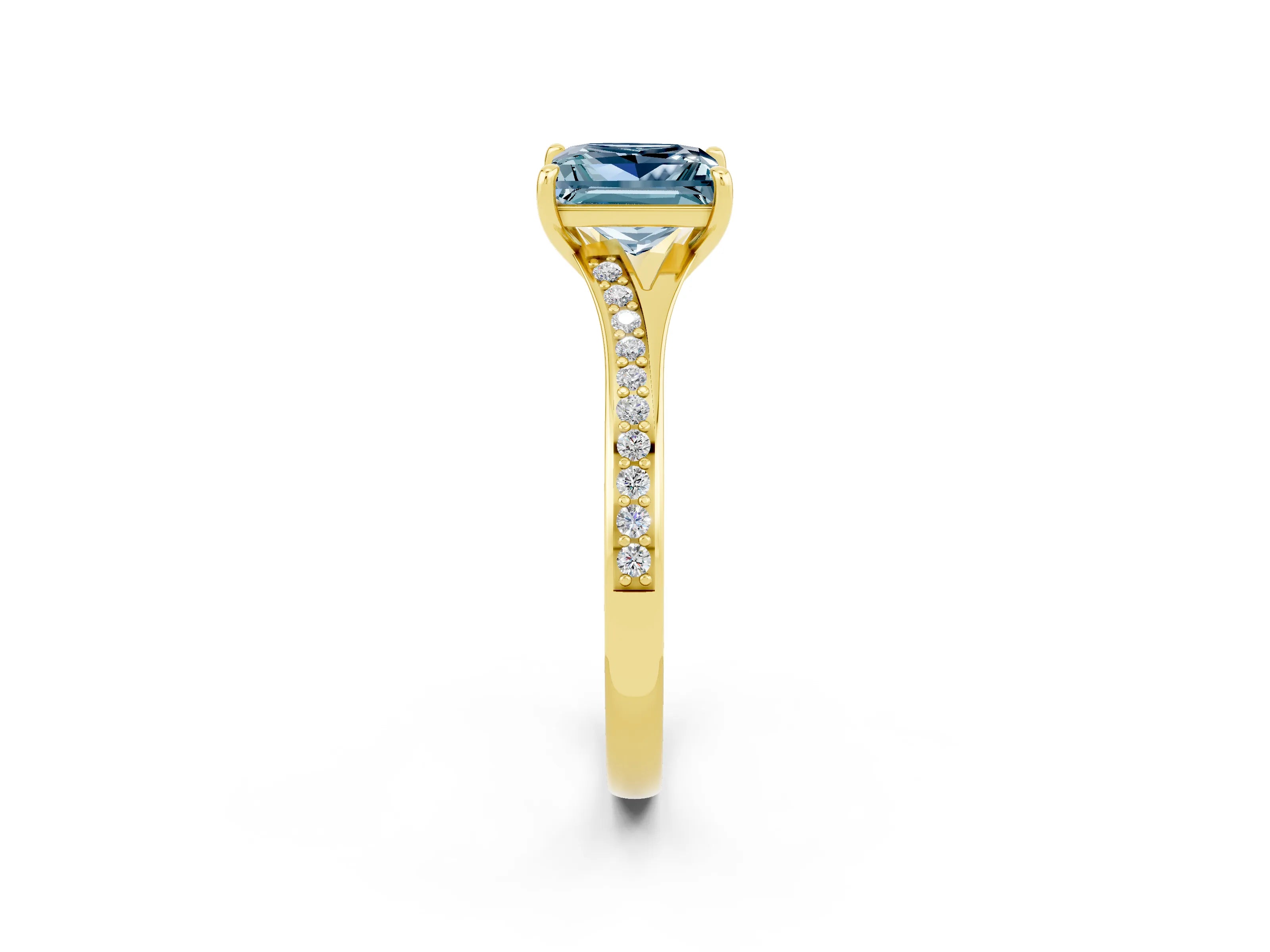 Yellow gold Princess Cut Aquamarine Solitaire Ring with Pavé Band and Prong Setting_2