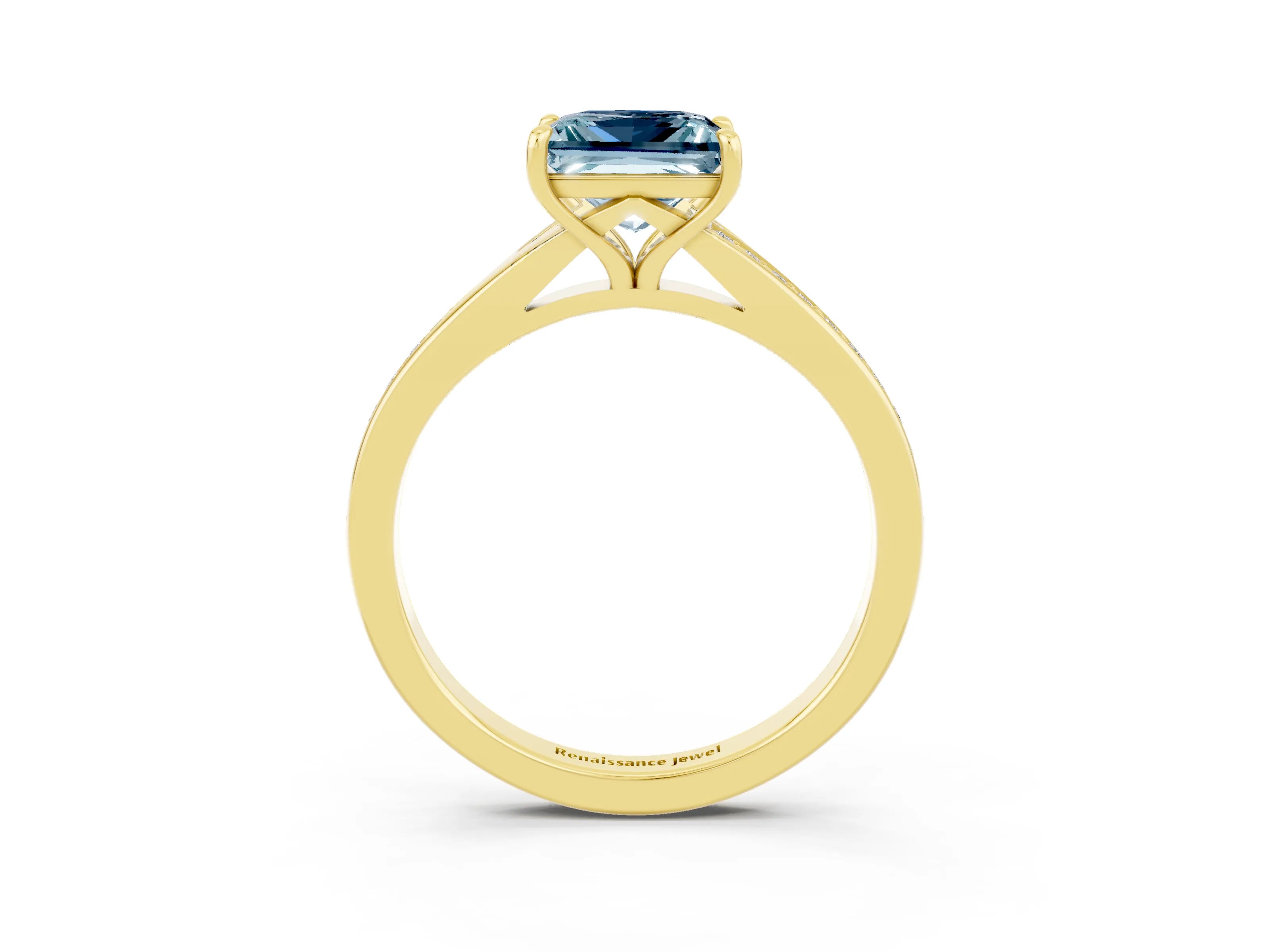 Yellow gold Princess Cut Aquamarine Solitaire Ring with Pavé Band and Prong Setting_3
