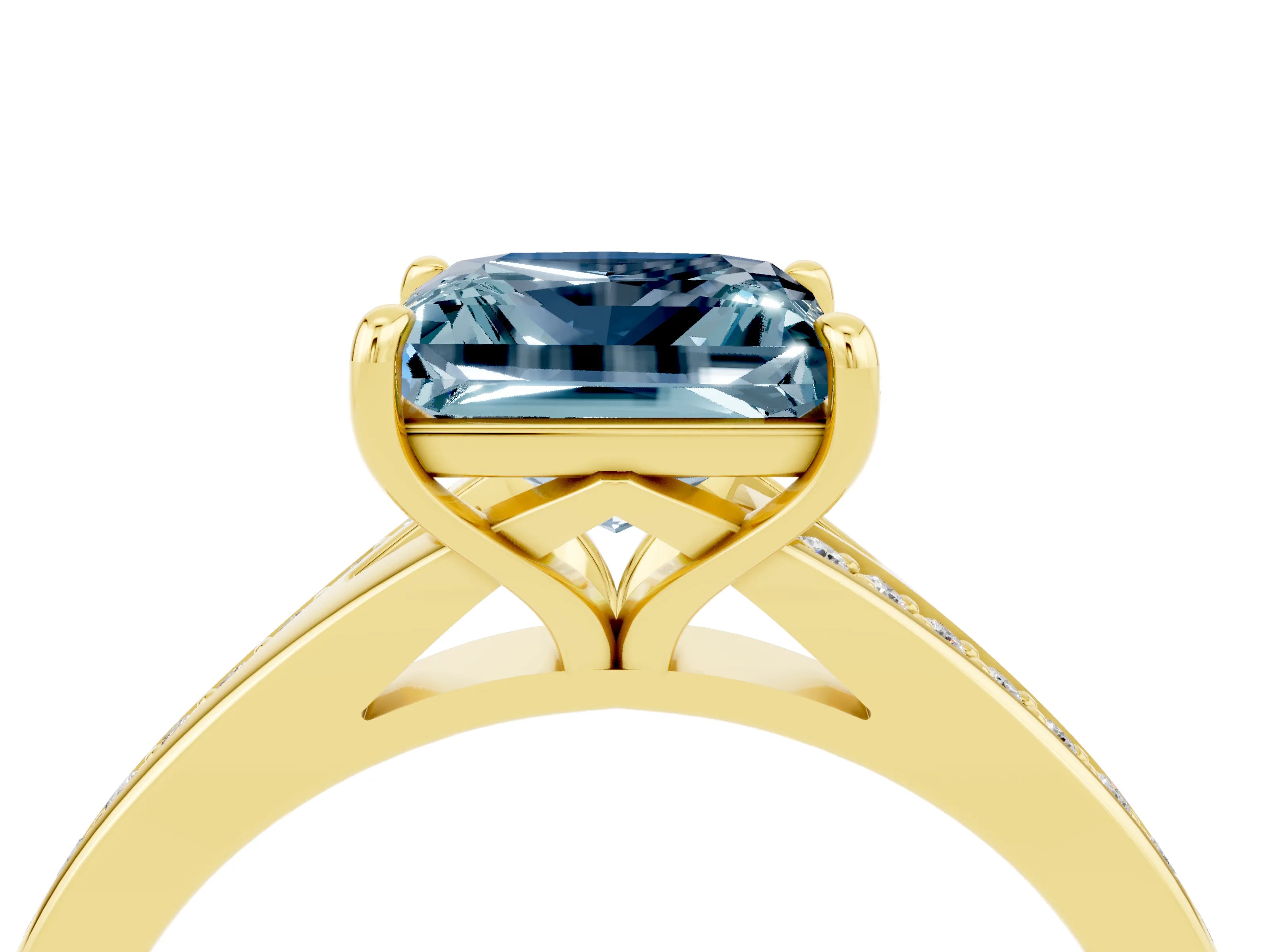 Yellow gold Princess Cut Aquamarine Solitaire Ring with Pavé Band and Prong Setting_4