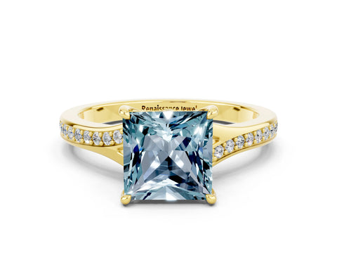 Yellow gold Princess Cut Aquamarine Solitaire Ring with Pavé Band and Prong Setting