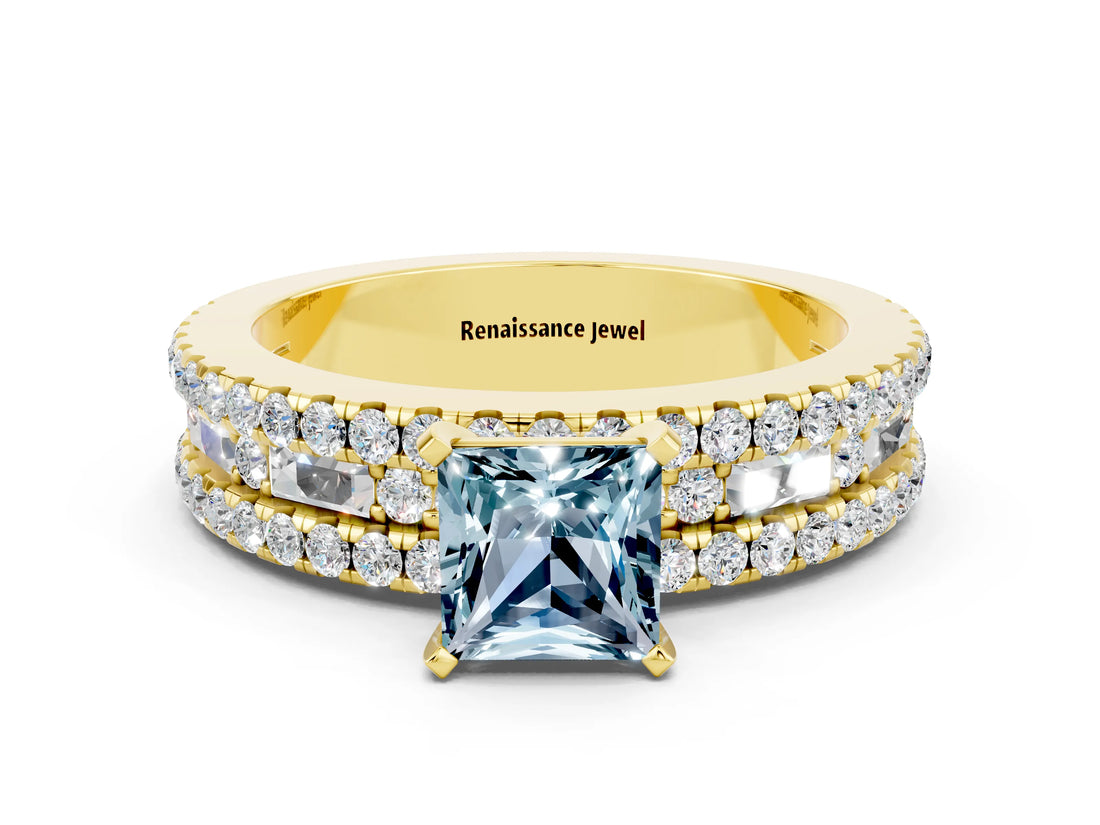 Yellow gold Princess Cut Aquamarine Solitaire Ring with Pavé and Channel Set Band