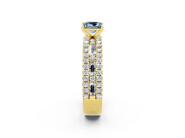 Yellow gold Princess Cut Aquamarine Solitaire Ring with Pavé and Channel Set Band