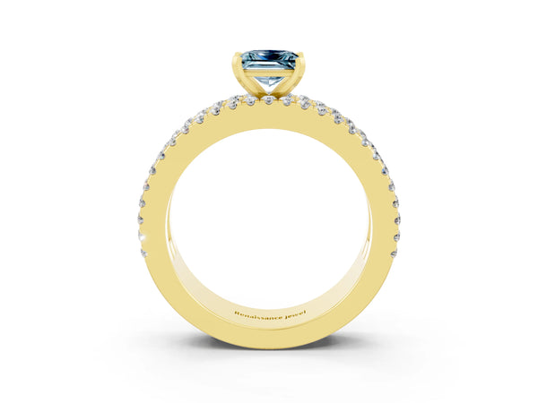 Yellow gold Princess Cut Aquamarine Solitaire Ring with Pavé and Channel Set Band
