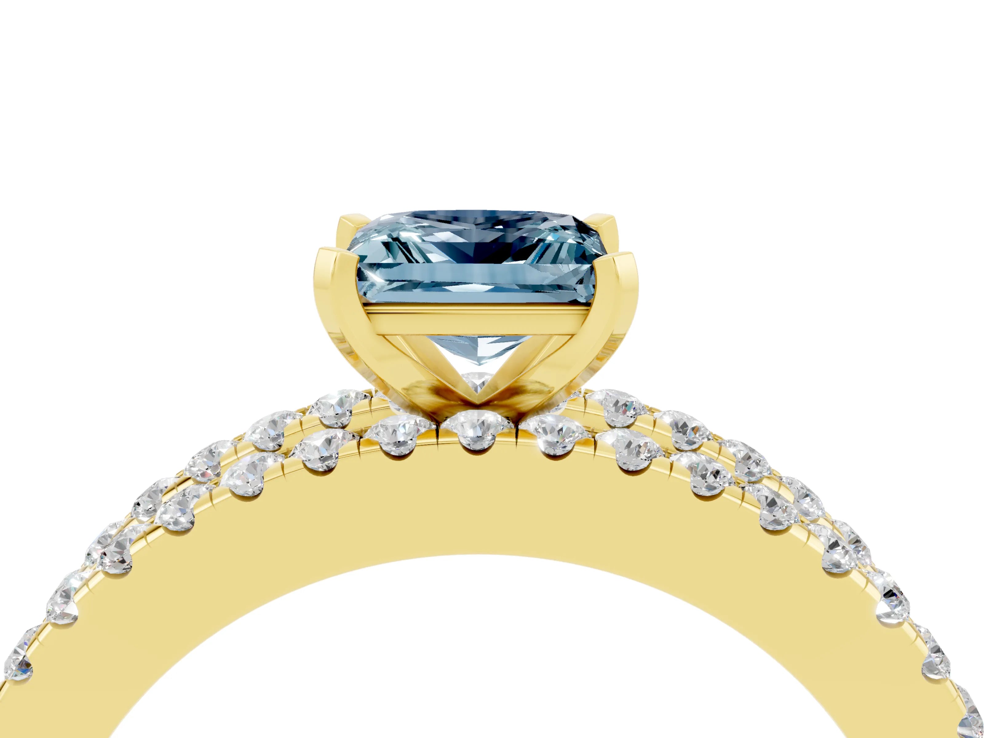 Yellow gold Princess Cut Aquamarine Solitaire Ring with Pavé and Channel Set Band_4