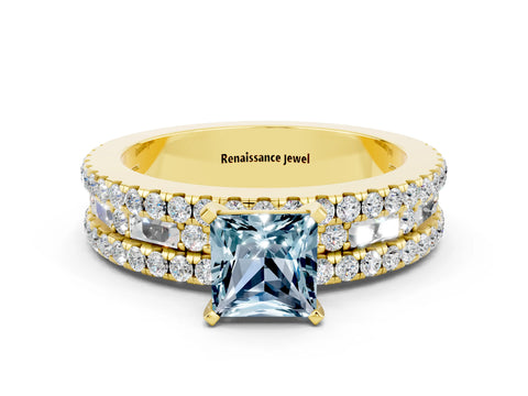 Yellow gold Princess Cut Aquamarine Solitaire Ring with Pavé and Channel Set Band