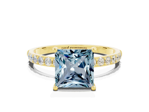 Yellow gold Princess Cut Aquamarine Solitaire Ring with Pave Band and Four Prong Setting_24
