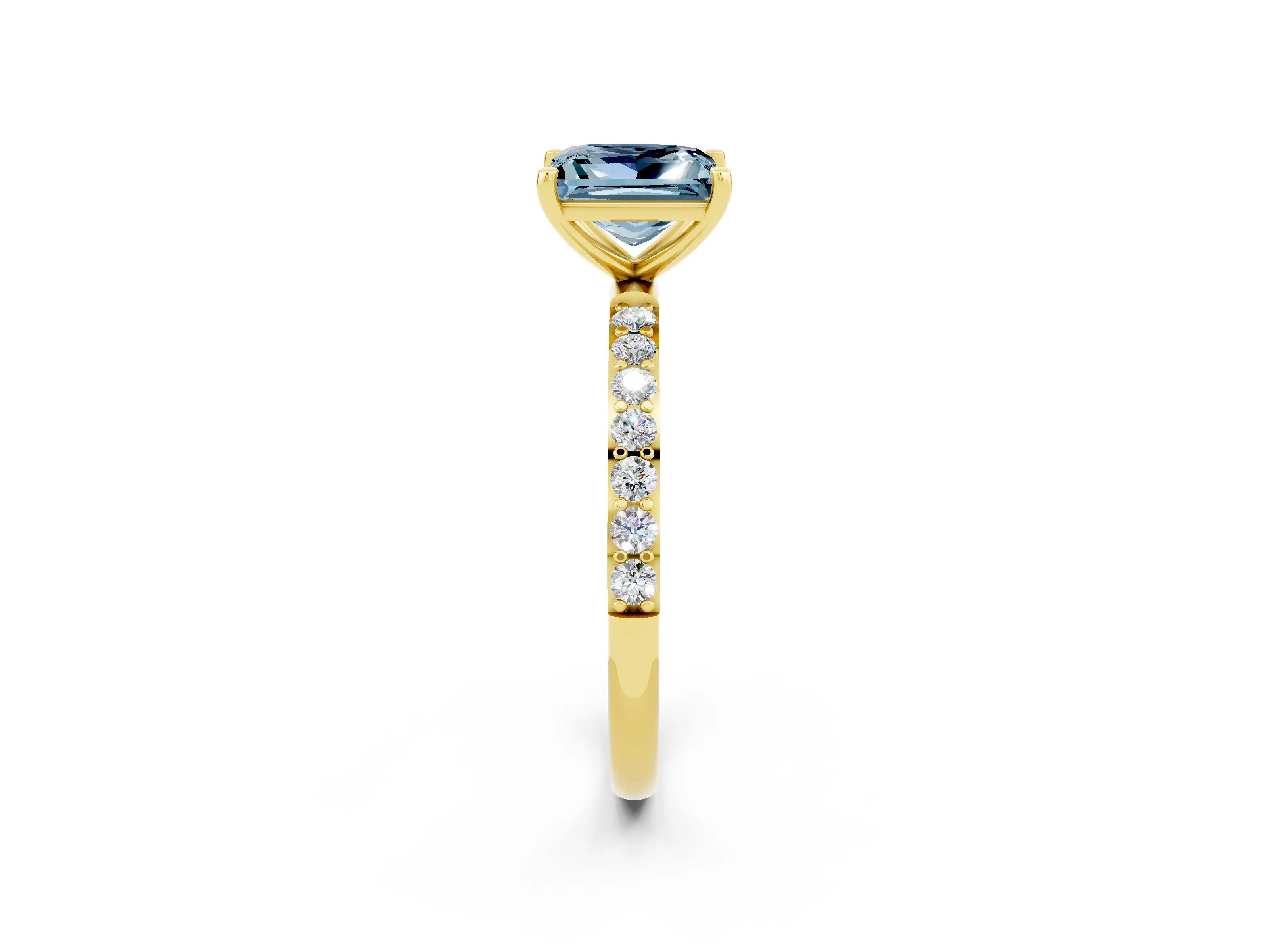 Yellow gold Princess Cut Aquamarine Solitaire Ring with Pave Band and Four Prong Setting_26