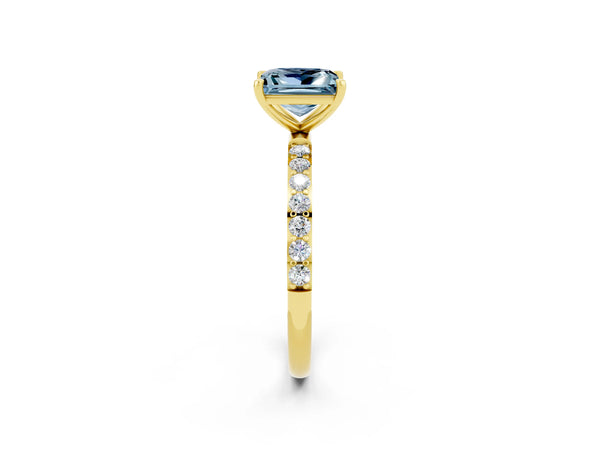 Yellow gold Princess Cut Aquamarine Solitaire Ring with Round  Pavé Band and Prong Setting