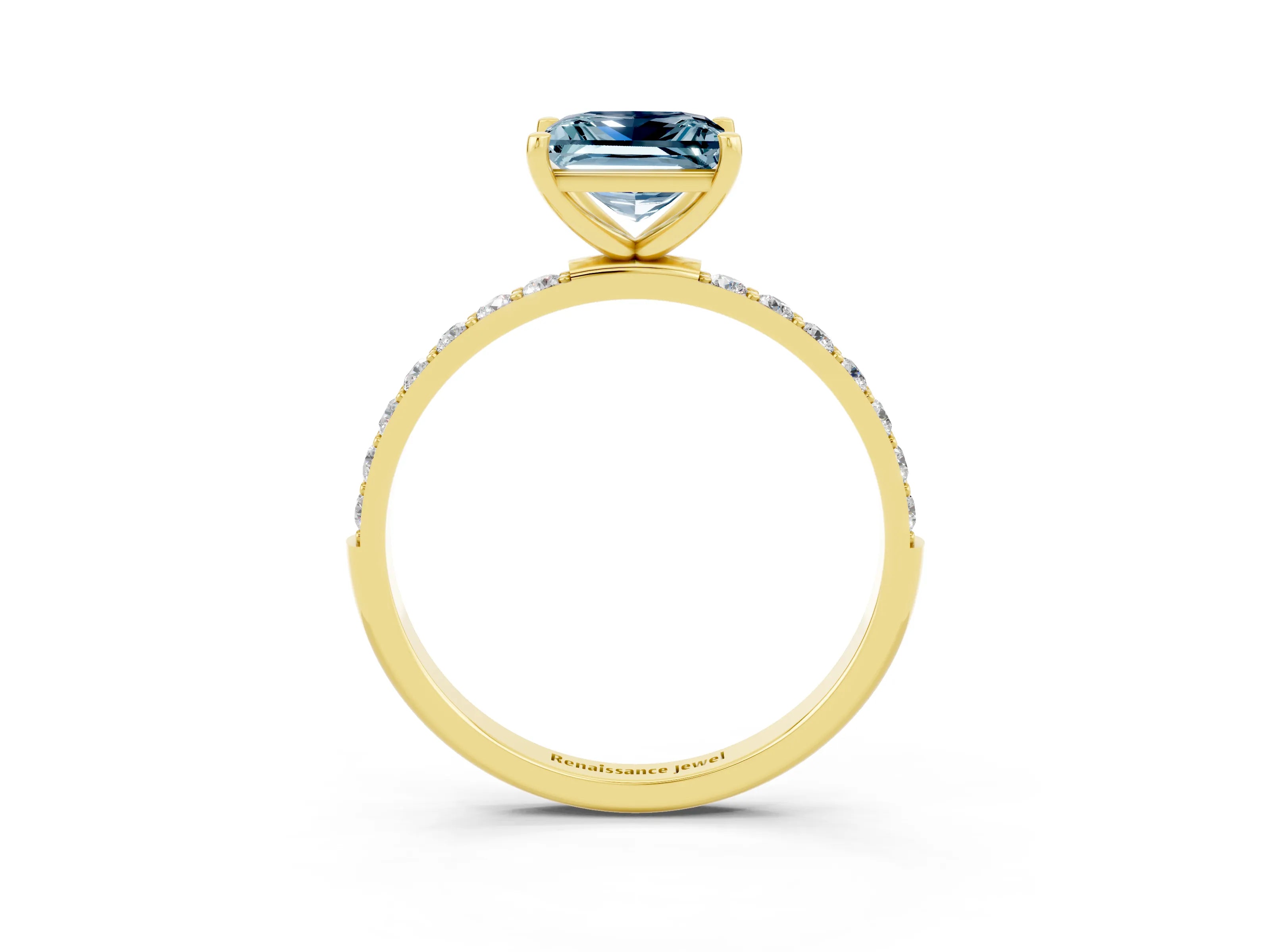 Yellow gold Princess Cut Aquamarine Solitaire Ring with Pave Band and Four Prong Setting_27