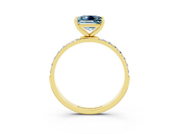 Yellow gold Princess Cut Aquamarine Solitaire Ring with Round  Pavé Band and Prong Setting