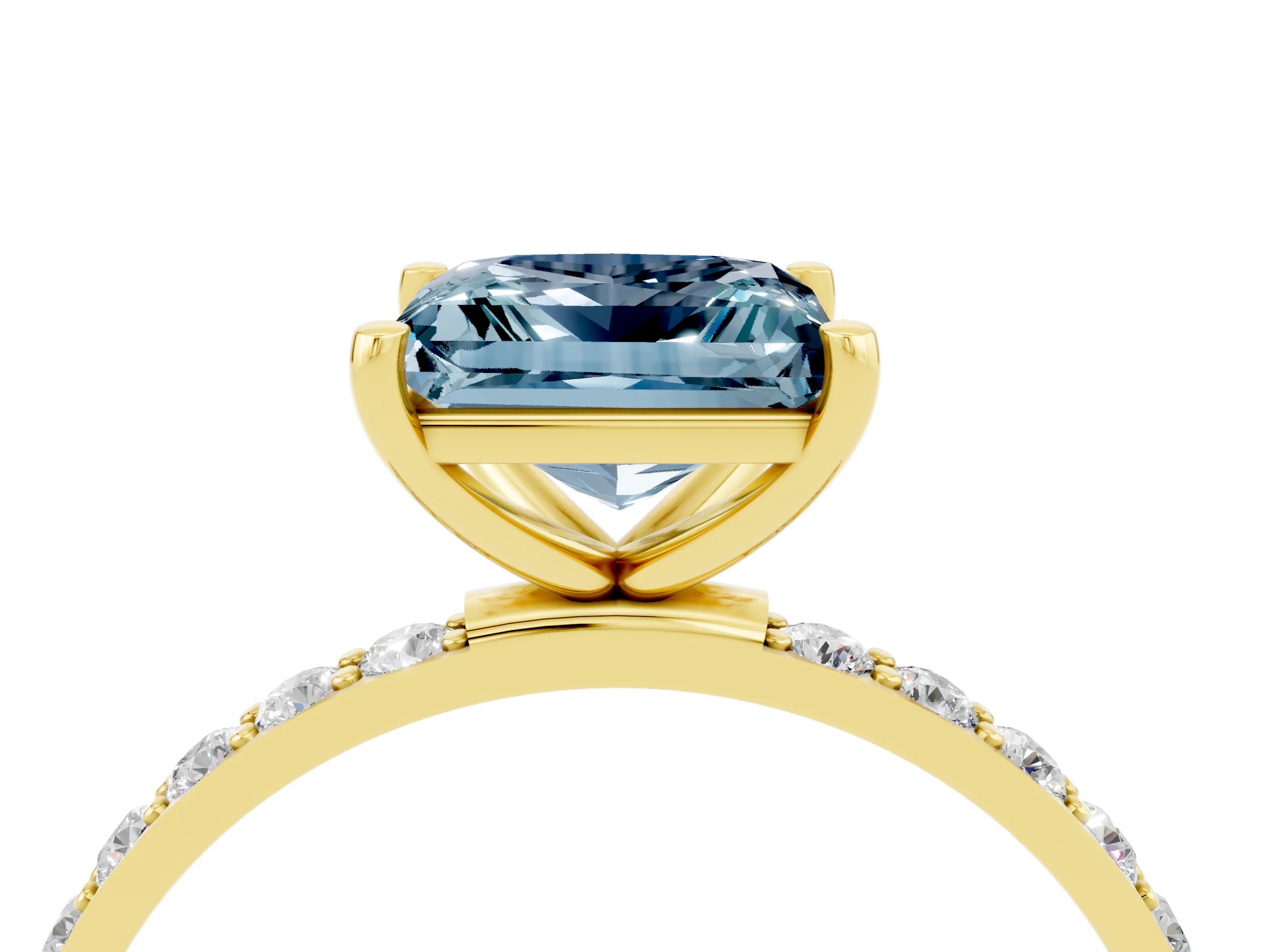 Yellow gold Princess Cut Aquamarine Solitaire Ring with Pave Band and Four Prong Setting_28