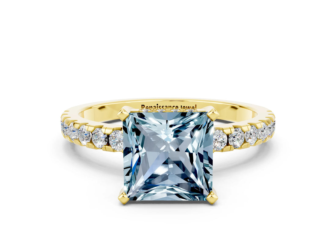 Yellow gold Princess Cut Aquamarine Solitaire Ring with Round  Pavé Band and Four-Prong Setting_36