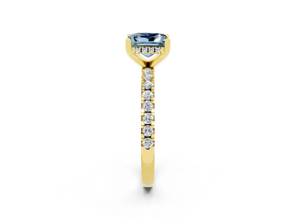 Yellow gold Princess Cut Aquamarine Solitaire Ring with Round Pavé Band and Four-Prong Setting