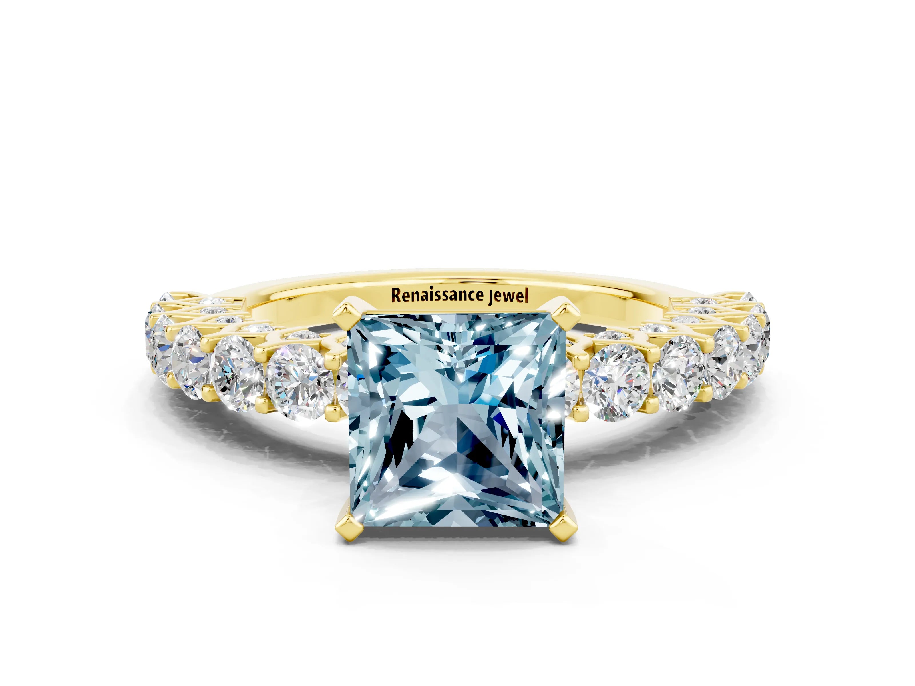 Yellow gold Princess Cut Aquamarine Solitaire Ring with Shared Prong Pavé Band and Four-Prong Setting