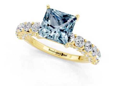 Yellow gold Princess Cut Aquamarine Solitaire Ring with Shared Prong Pavé Band and Four-Prong Setting_1