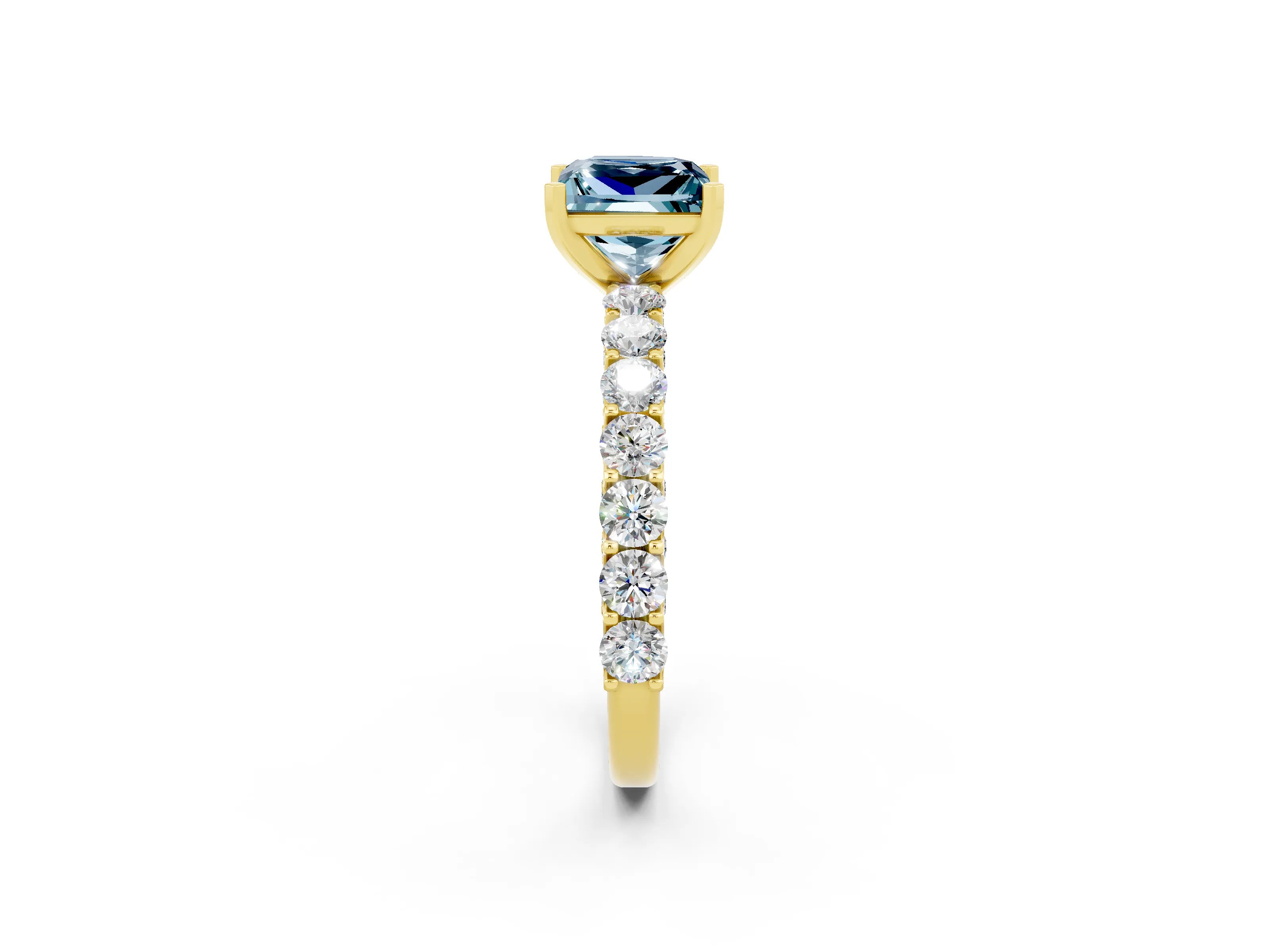 Yellow gold Princess Cut Aquamarine Solitaire Ring with Shared Prong Pavé Band and Four-Prong Setting_2