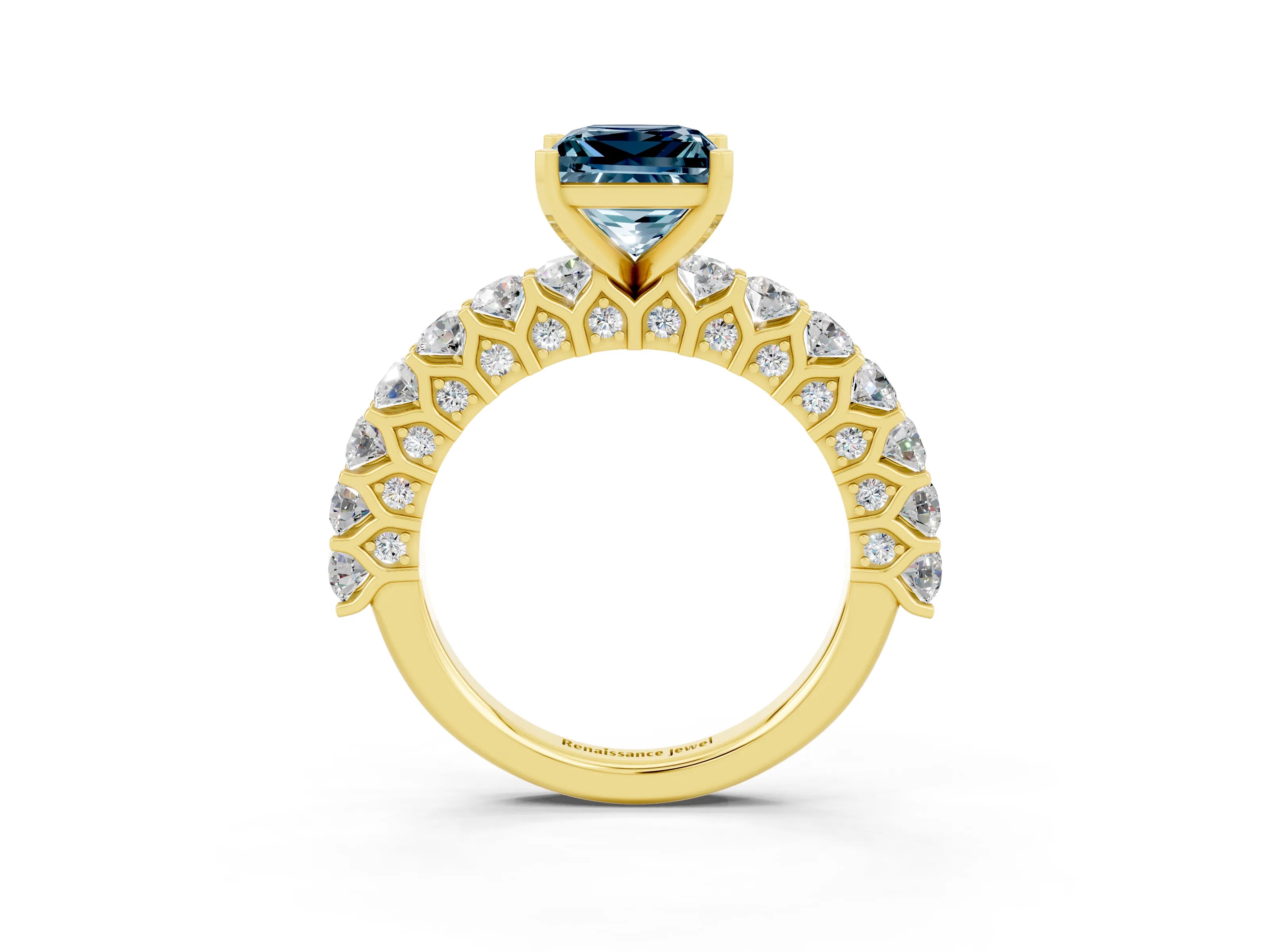 Yellow gold Princess Cut Aquamarine Solitaire Ring with Shared Prong Pavé Band and Four-Prong Setting_3