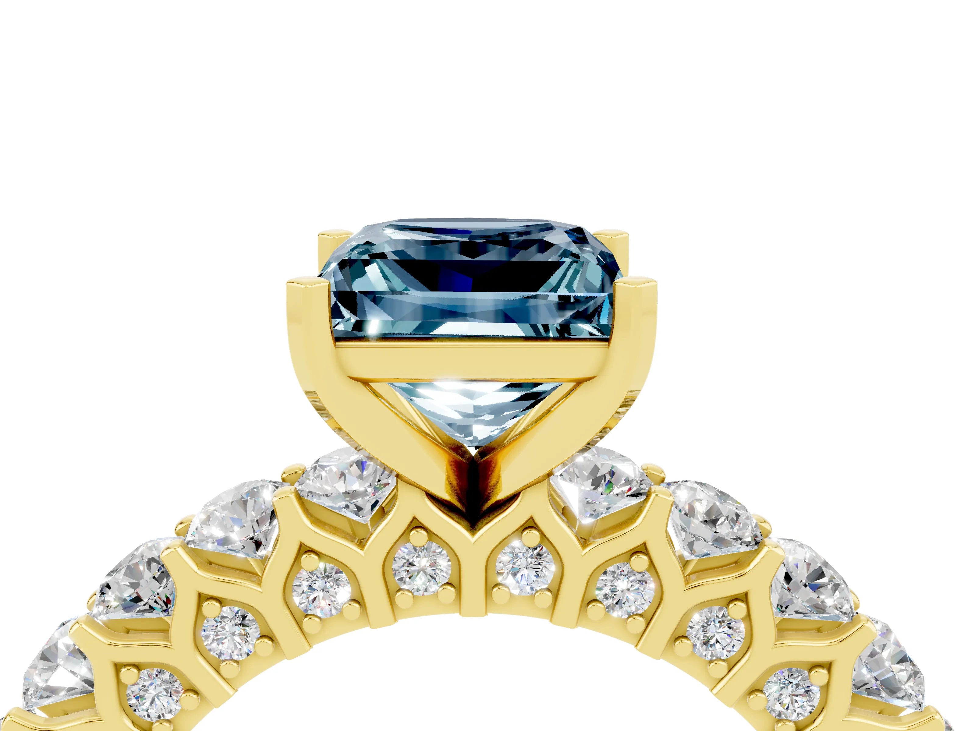 Yellow gold Princess Cut Aquamarine Solitaire Ring with Shared Prong Pavé Band and Four-Prong Setting_4